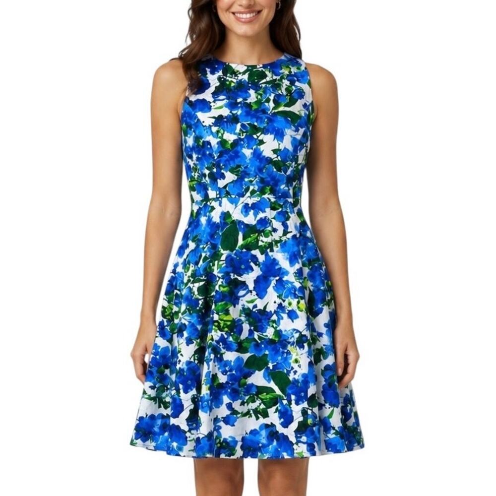 Milly Floral Fit Flare Dress Size 10 Sleeveless White Blue Green Cottagecore